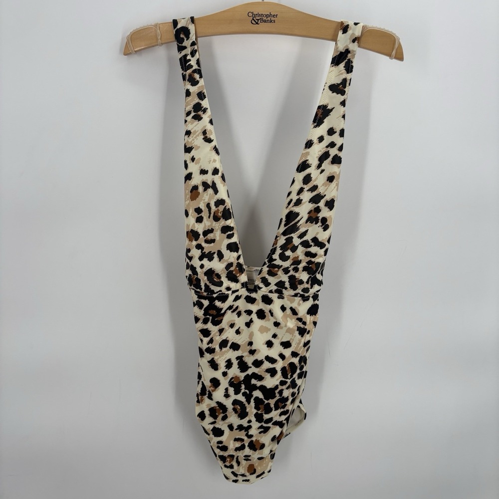 NEW Aerie Womans One Piece Swim Suit Leapord Print Deep V Plunge Size Large Long
